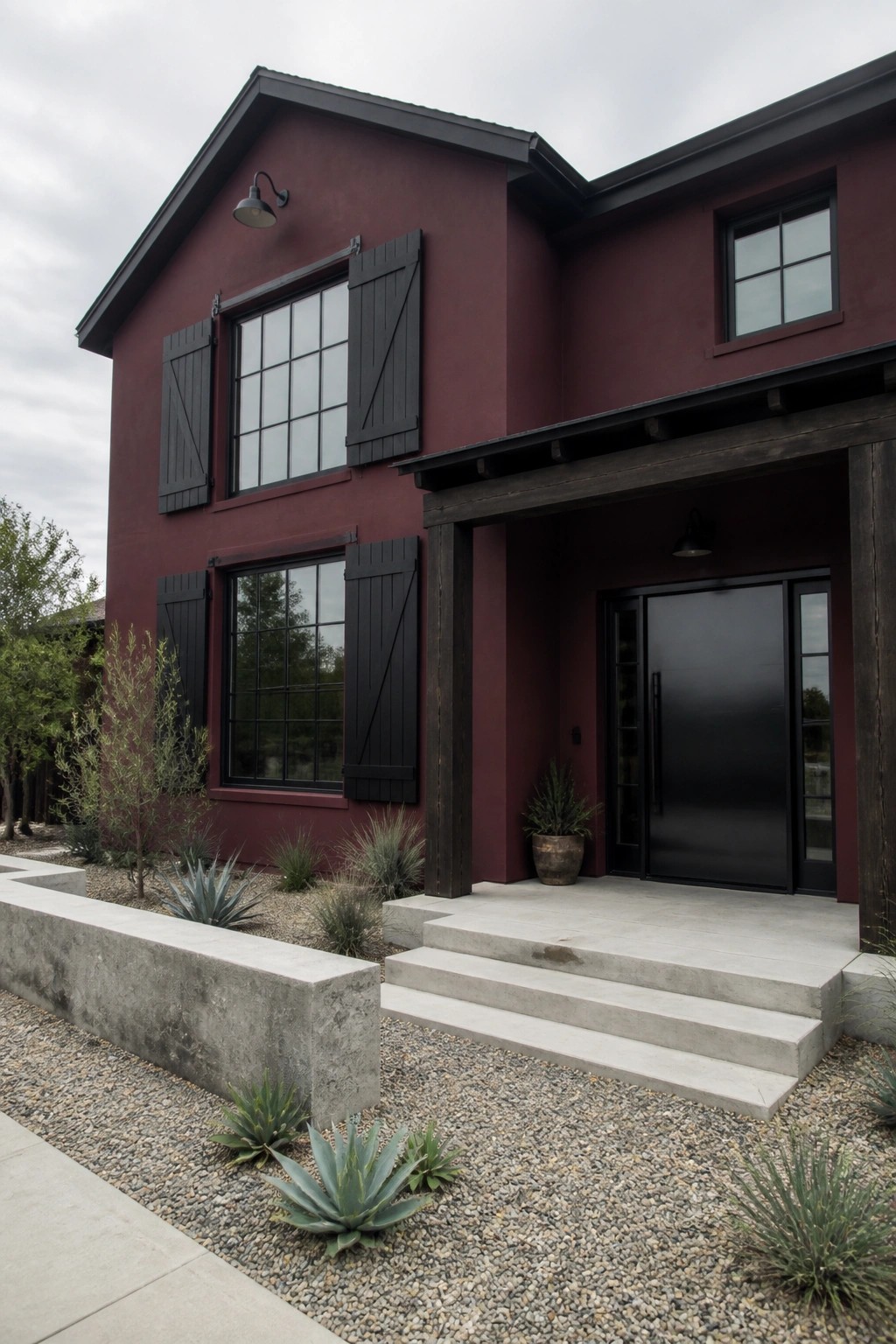 A two-story house painted deep burgundy with black shutters on multiple windows, a black front door, and concrete steps leading to the entry.