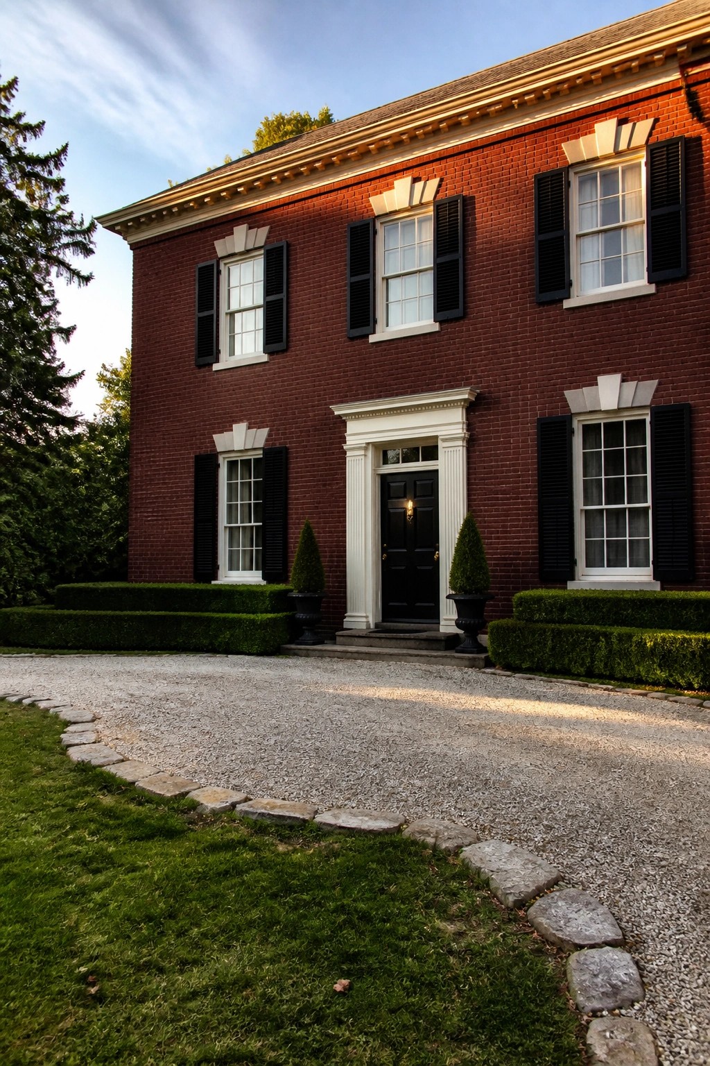 A two-story red brick house with black shutters on multiple windows, a centered black door with white columns, and a gravel driveway in front.