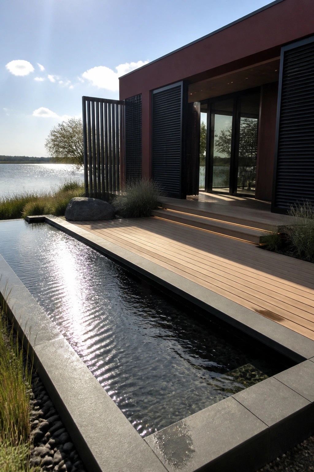 A modern burgundy house with black shutters and louvers sits beside a wooden deck and a long rectangular water feature.