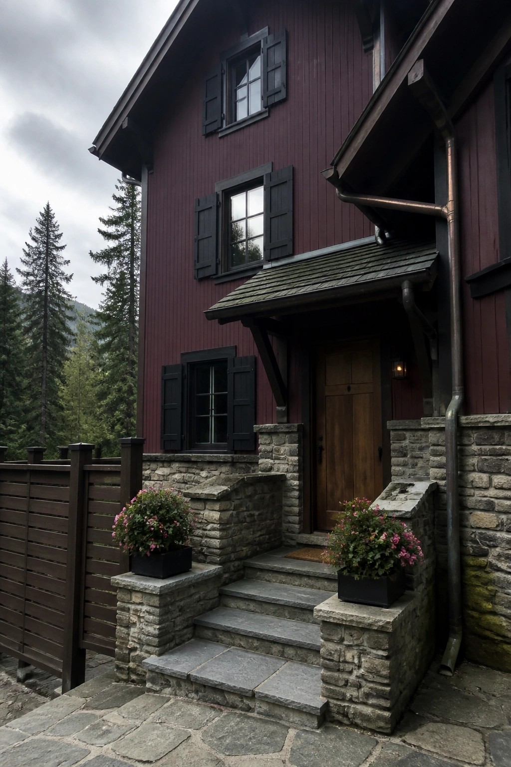 A two-story house with deep burgundy siding, black shutters, a wooden door, and stone steps with potted plants at the entrance.