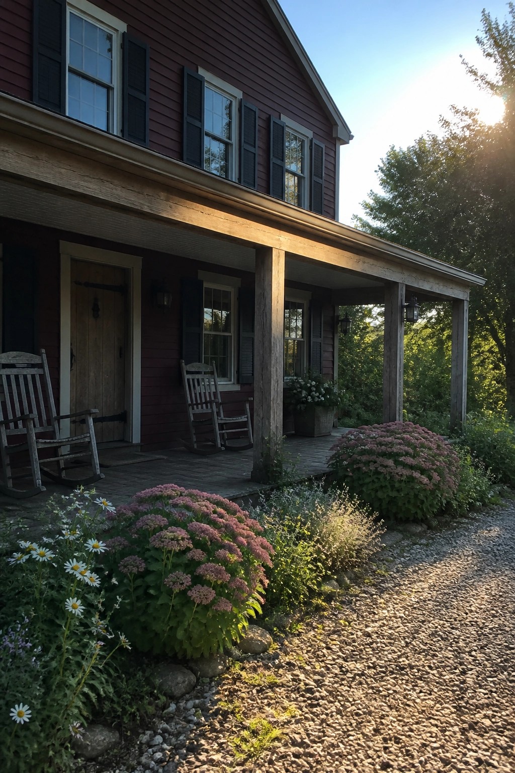 A two-story house with deep red siding, black shutters, white trim, a wooden porch, and pink flowering plants along the front.