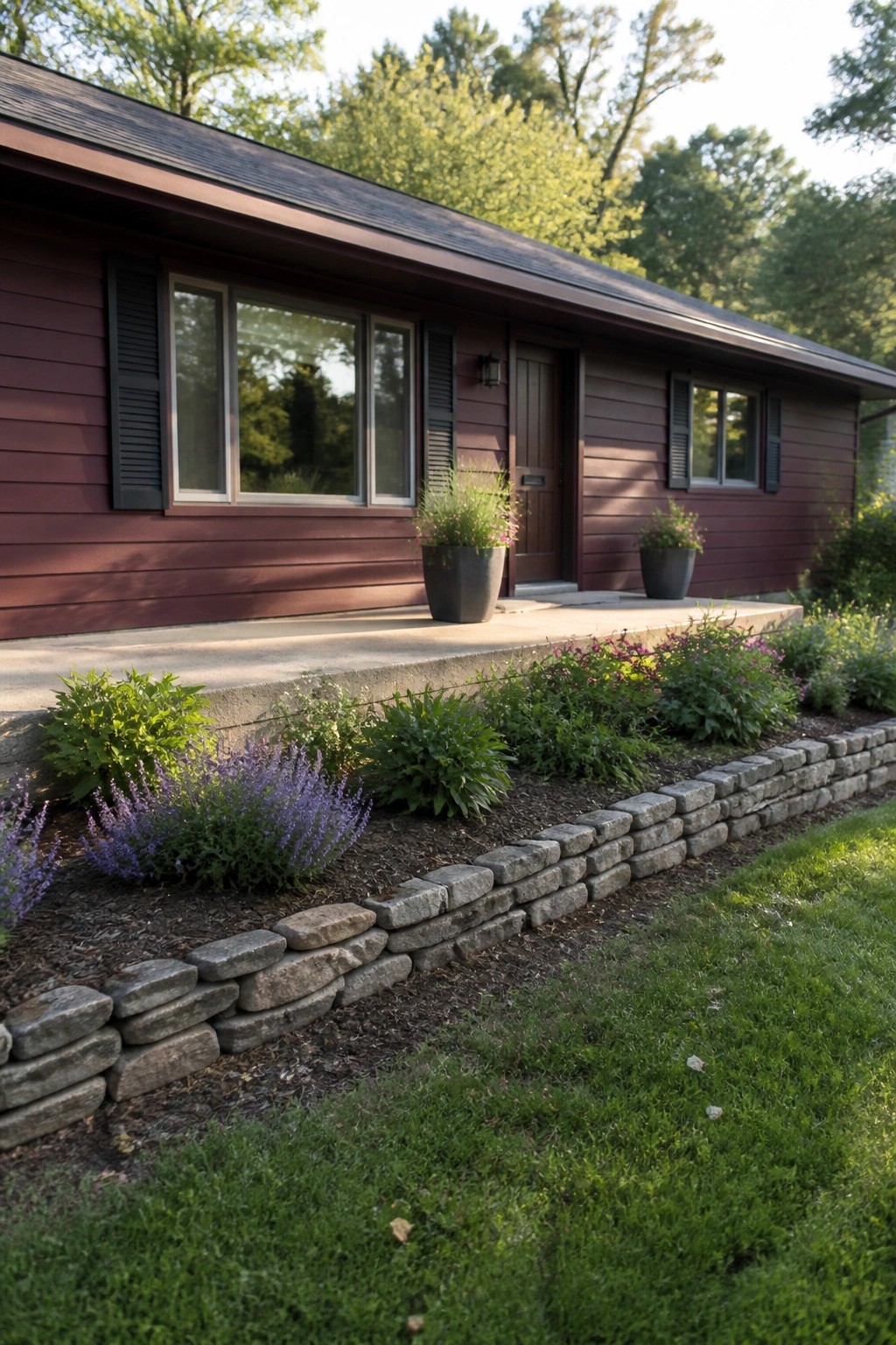 Maroon house with porch planters, stone retaining wall, and flower garden