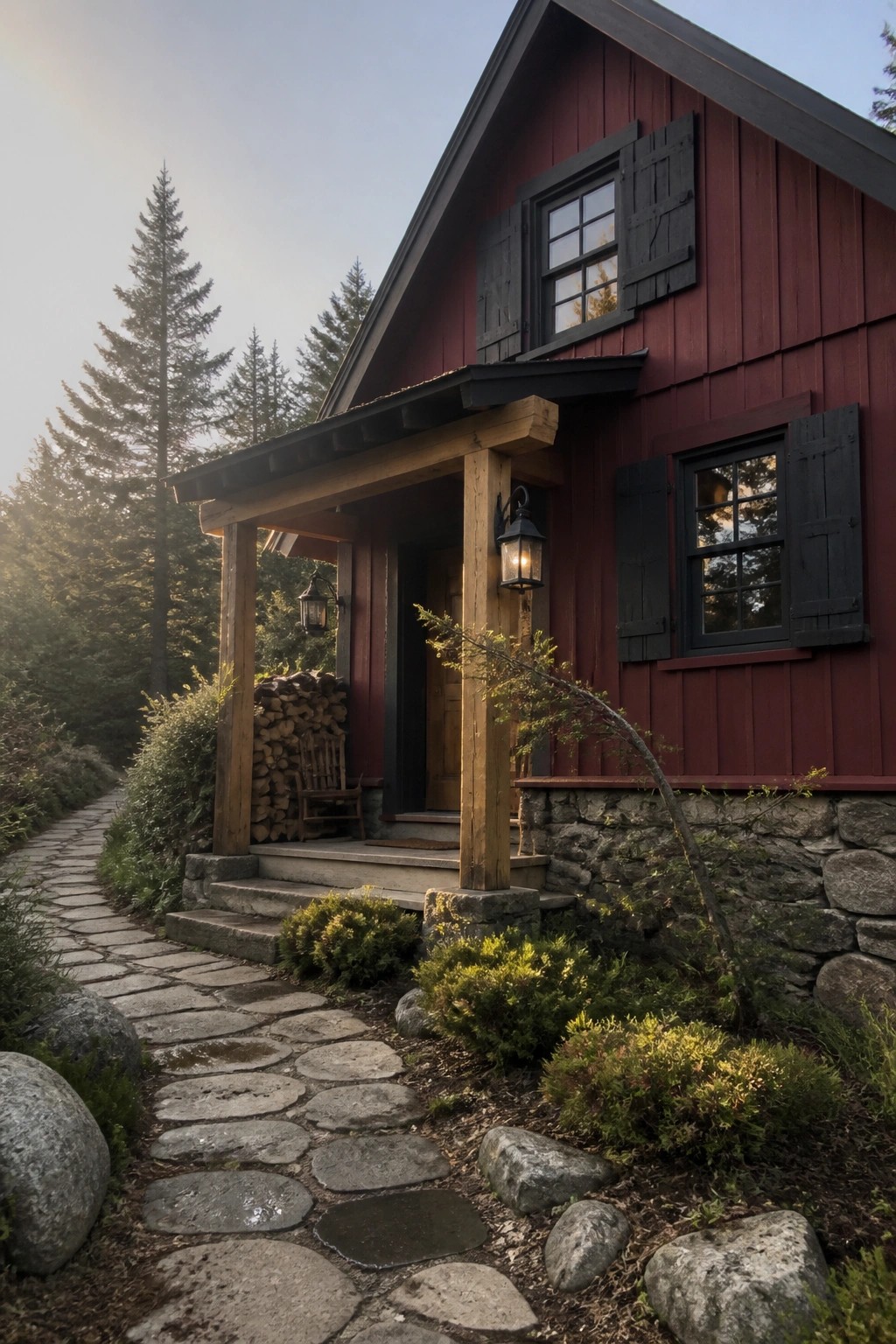 A deep red wooden house exterior with black shutters, a stone foundation, wooden porch posts, and a stone pathway leading to the front door.