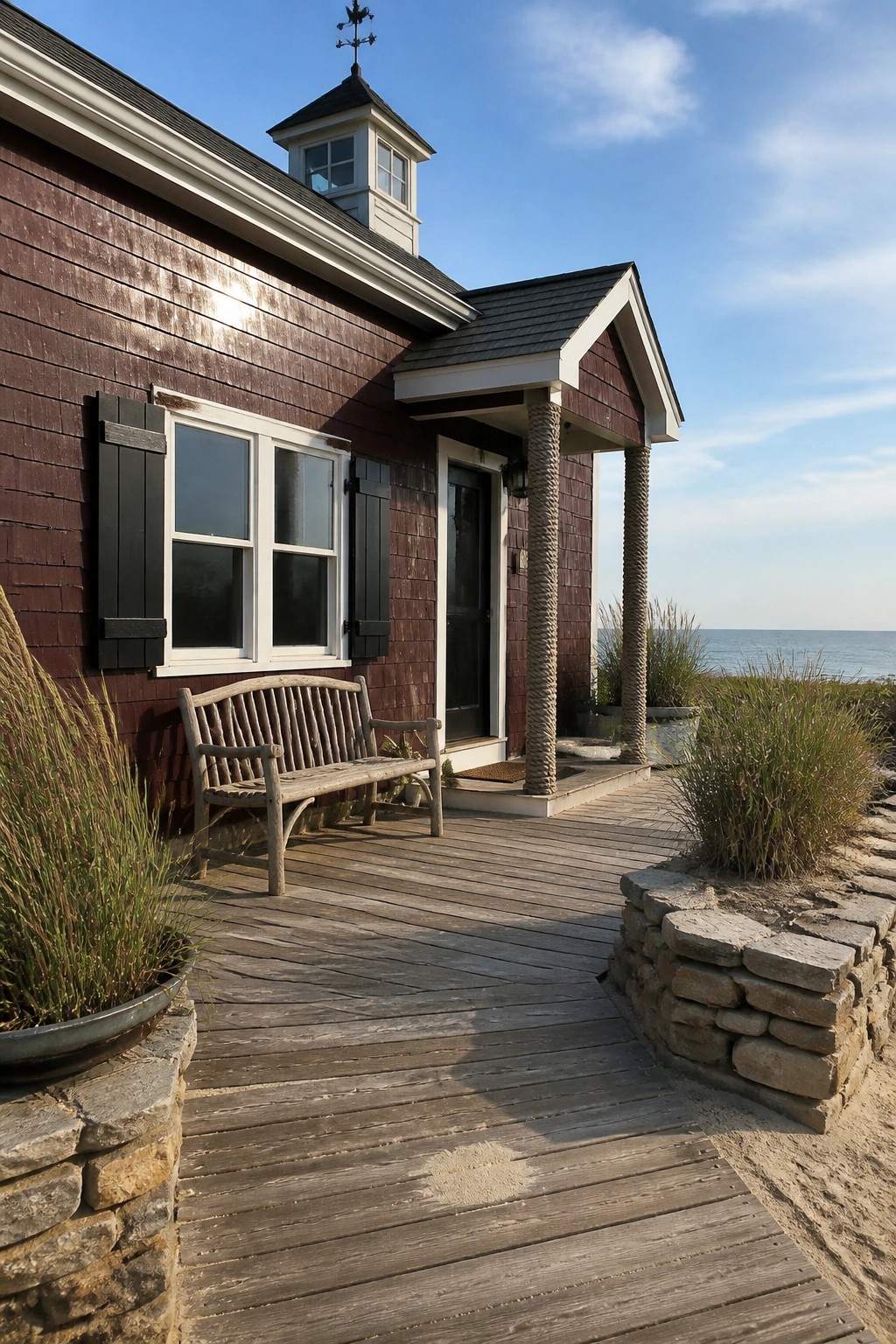 A single-story house with deep burgundy shingle siding, black shutters, a covered porch with rope-wrapped posts, and a wooden deck facing the ocean.