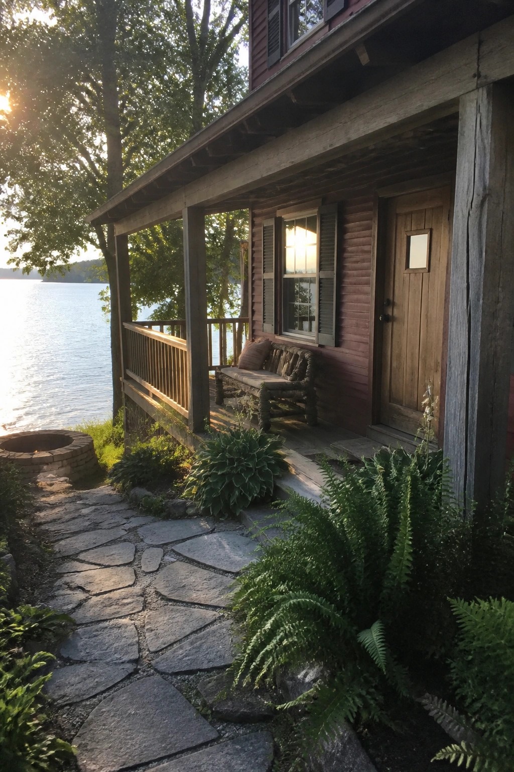 A deep red wooden house with black shutters, a covered porch, and a stone pathway beside a lake.