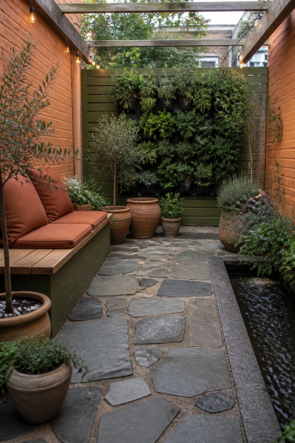 A narrow courtyard features a built-in wooden bench with orange cushions along a brick wall, a stone path, terracotta pots, a vertical garden on a green fence, and a narrow water channel on the right side.