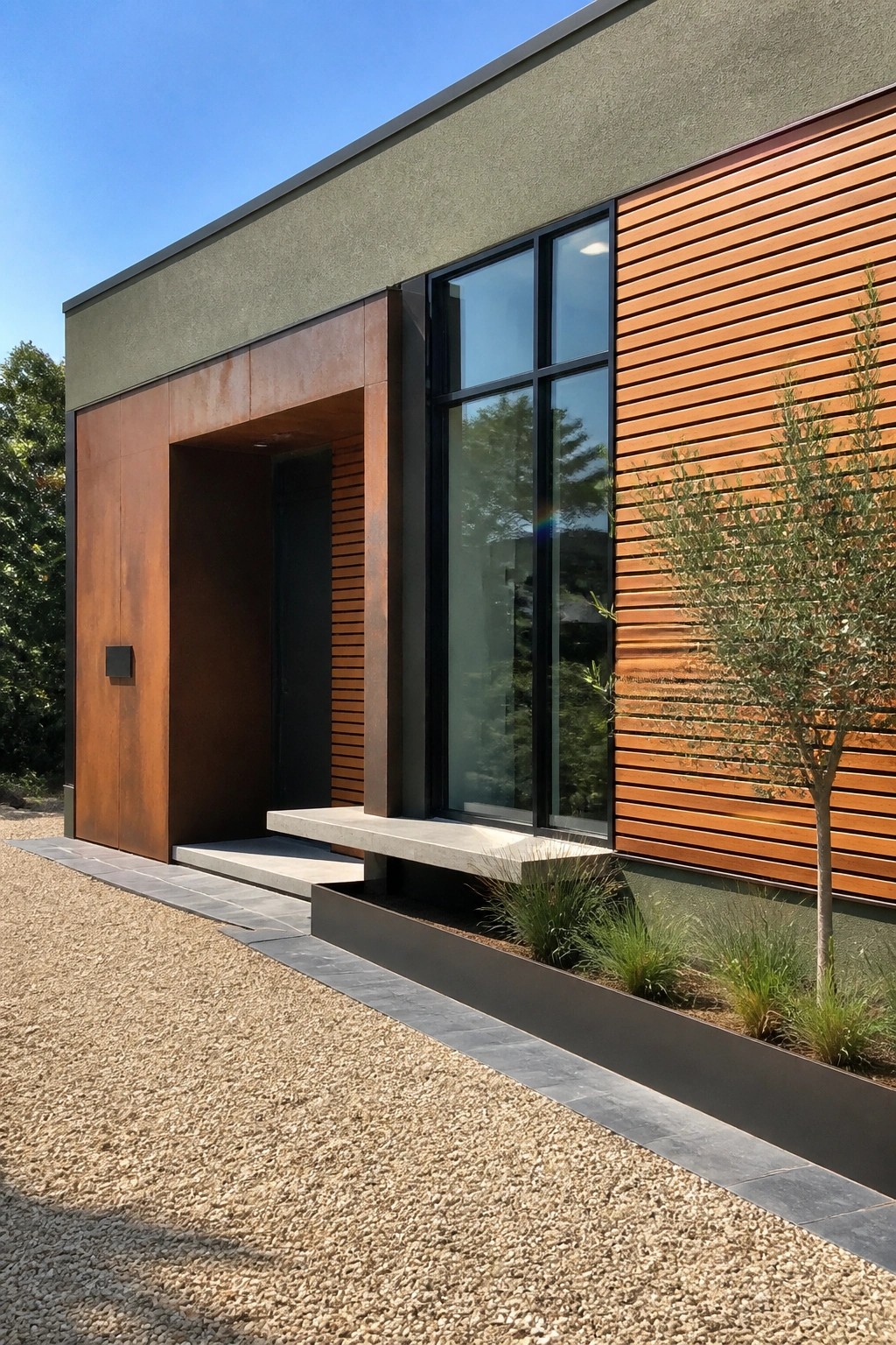 Modern entrance with rusted metal door, wood slats, large window, and concrete bench.