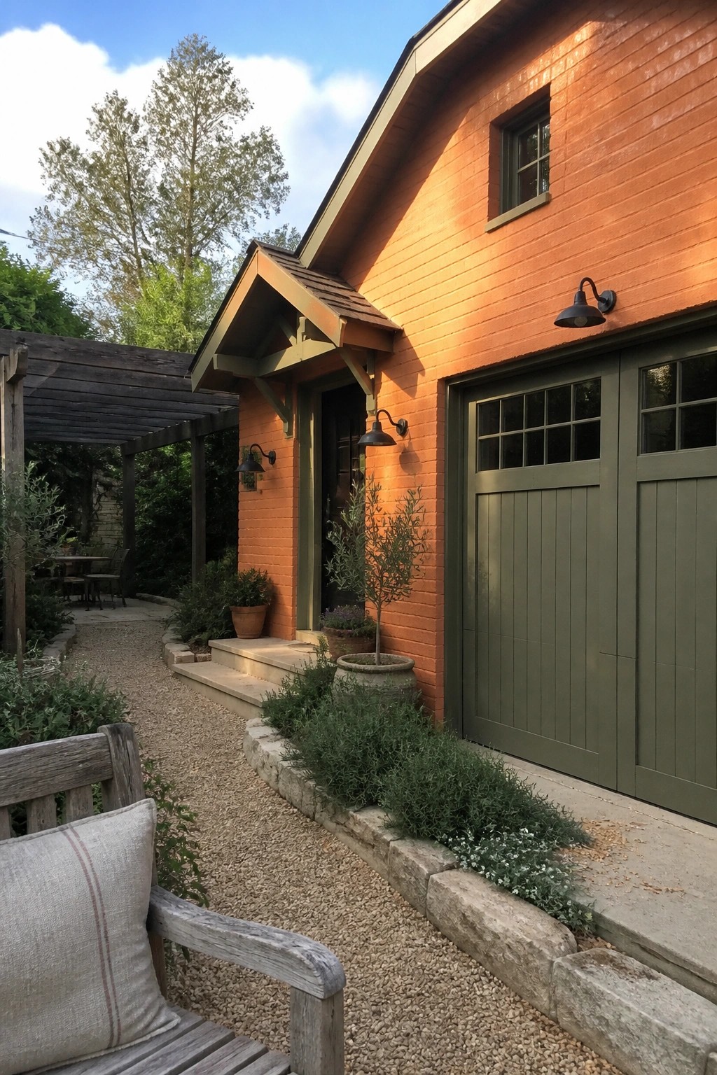 Orange brick house with green garage door, gravel path, potted plants, and wooden bench.