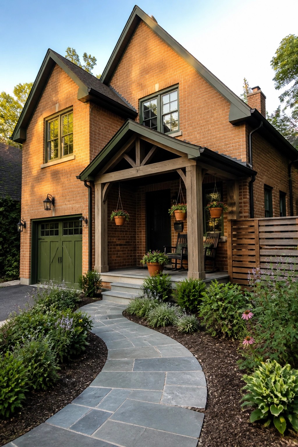 Brick house with green trim, wooden porch with rocking chairs, and stone garden path