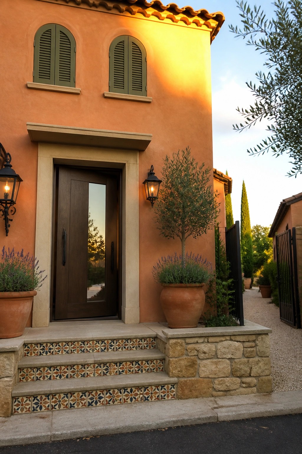 A two-story orange stucco house exterior with olive green shutters, a dark wood front door, decorative tile on the steps, and large terracotta pots holding an olive tree and lavender near the entrance.