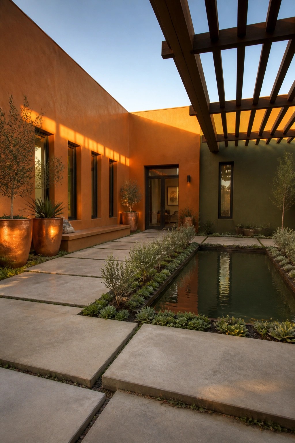 Modern courtyard with reflecting pool, orange walls, concrete pavers, and wooden pergola at sunset.