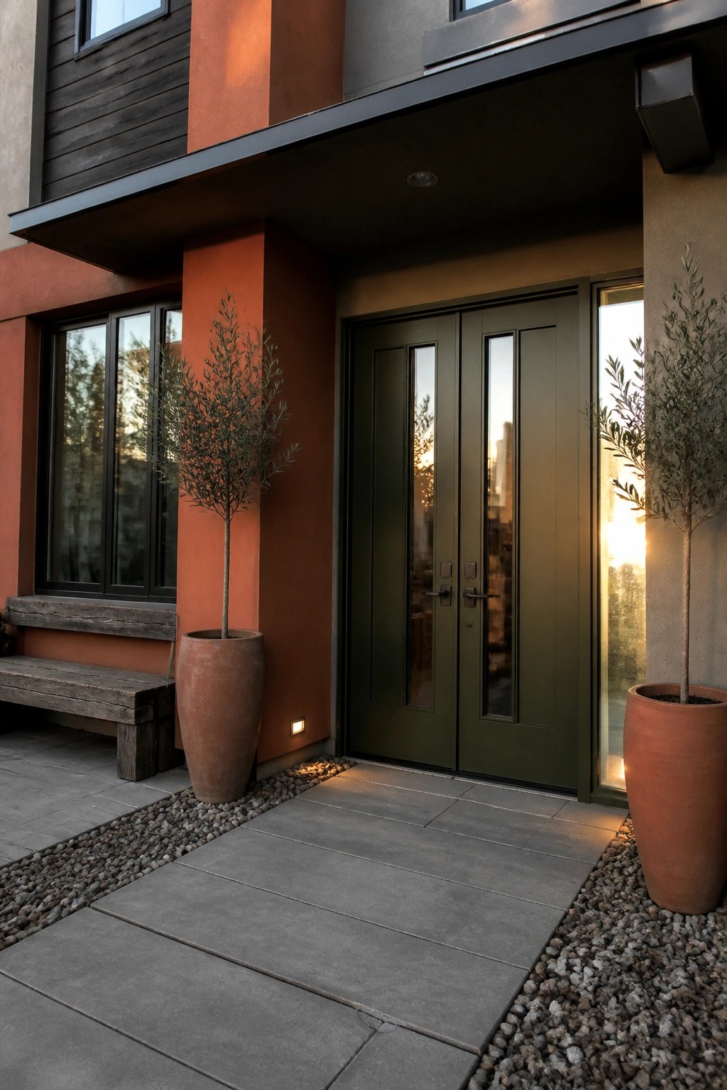 A modern house entry features terracotta orange walls, dark olive green double doors with glass panels, and two large terracotta pots holding small trees beside a stone bench.