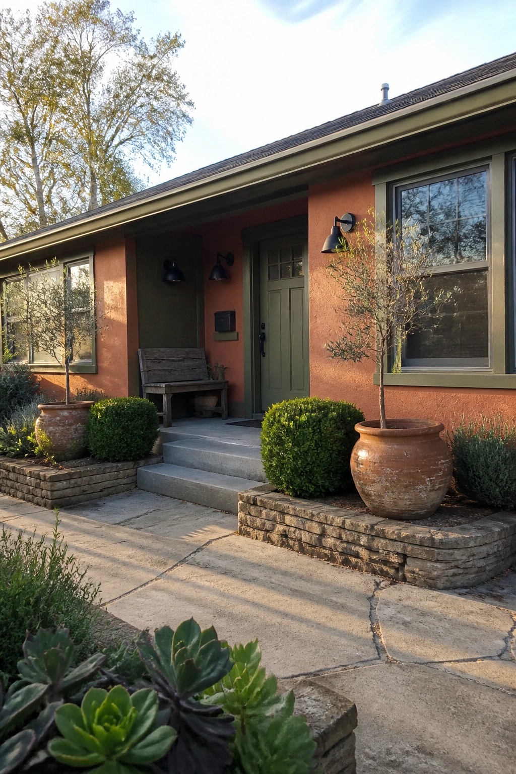 A single-story stucco house with orange walls, an olive green front door and window trim, concrete steps, and terracotta pots holding shrubs next to the entry.