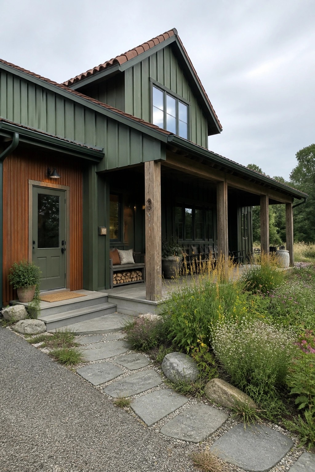 A house exterior with green metal siding, an orange corrugated accent panel next to a green door, wooden porch posts, and a stone path in the foreground.