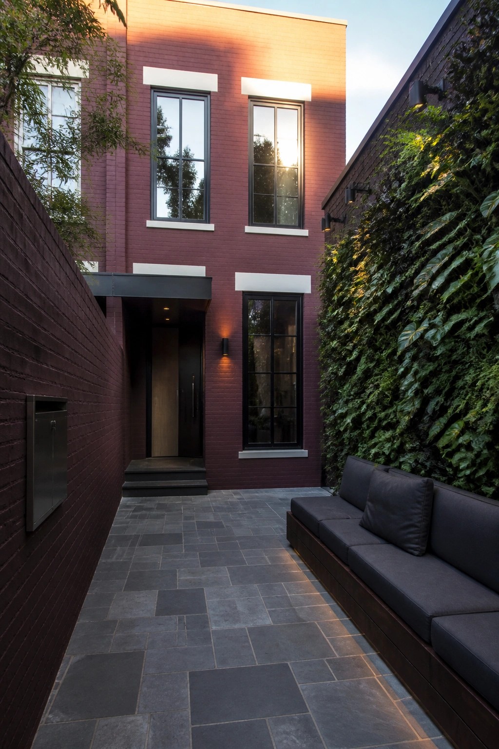 Narrow paved courtyard between a burgundy brick building with white window trim and a dark door on the left and a tall green living wall on the right.