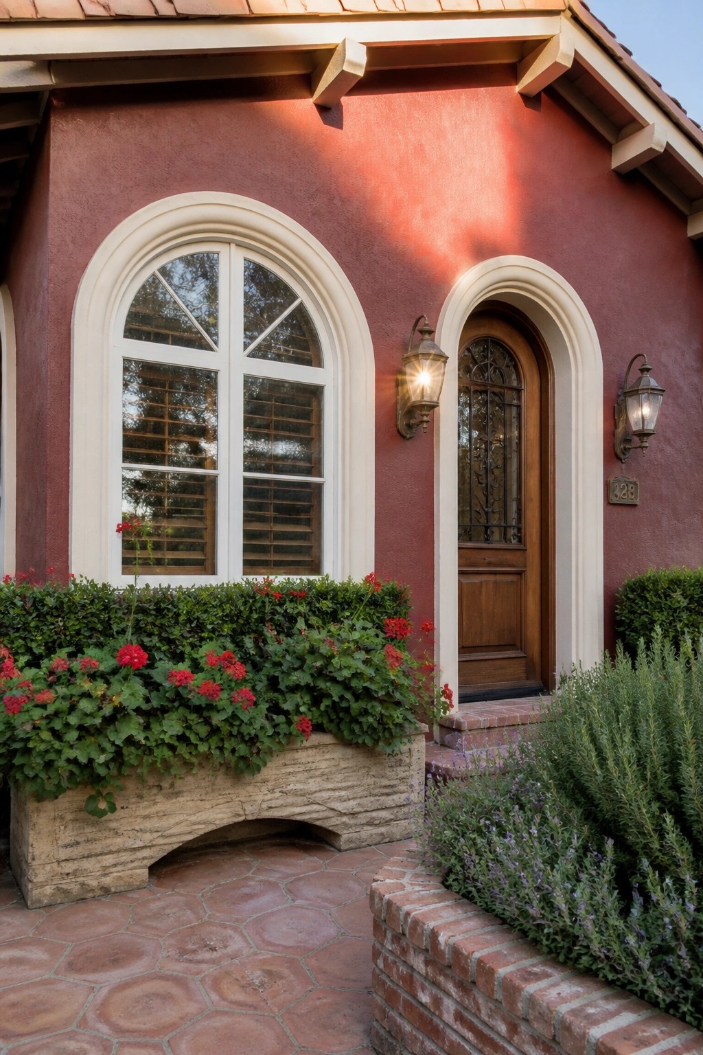 Red stucco house with arched window, wooden door, red flowers, and brick steps.