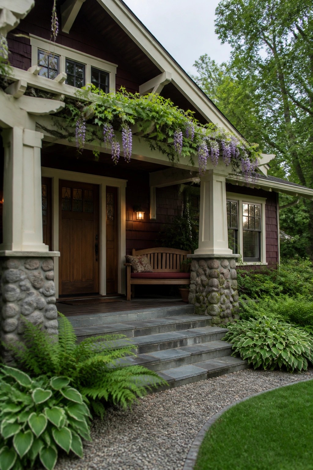 A burgundy house with white trim has a covered front porch with stone pillars, wooden doors, steps, and purple wisteria vines growing across the roofline.