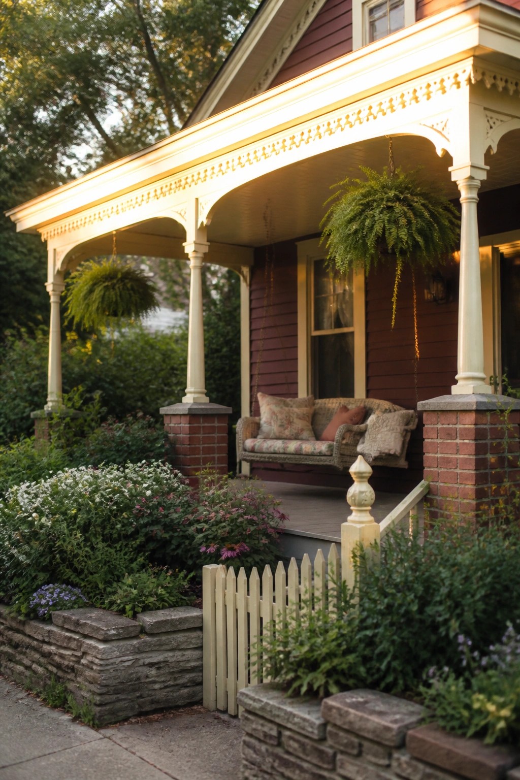 A burgundy house with white trim shows a covered porch with hanging ferns, a cushioned swing, and brick and stone details.