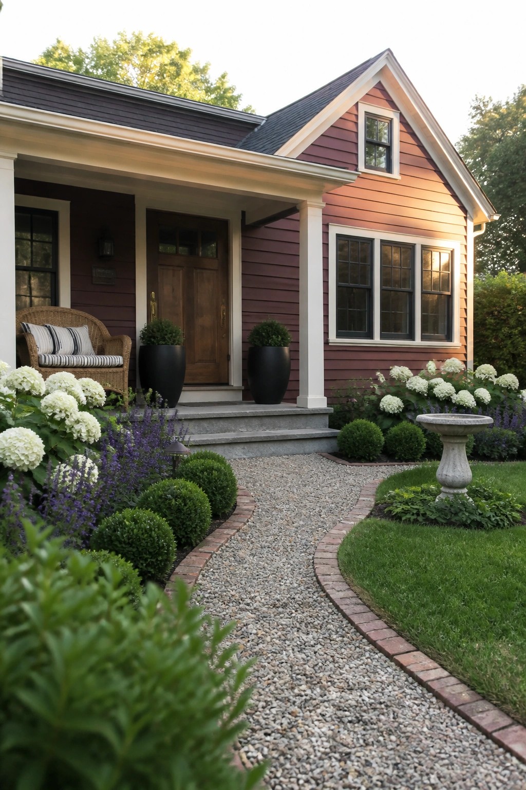 A single-story burgundy house with white trim, a covered porch with double doors, a gravel path bordered by brick, and white flowers along the front beds.