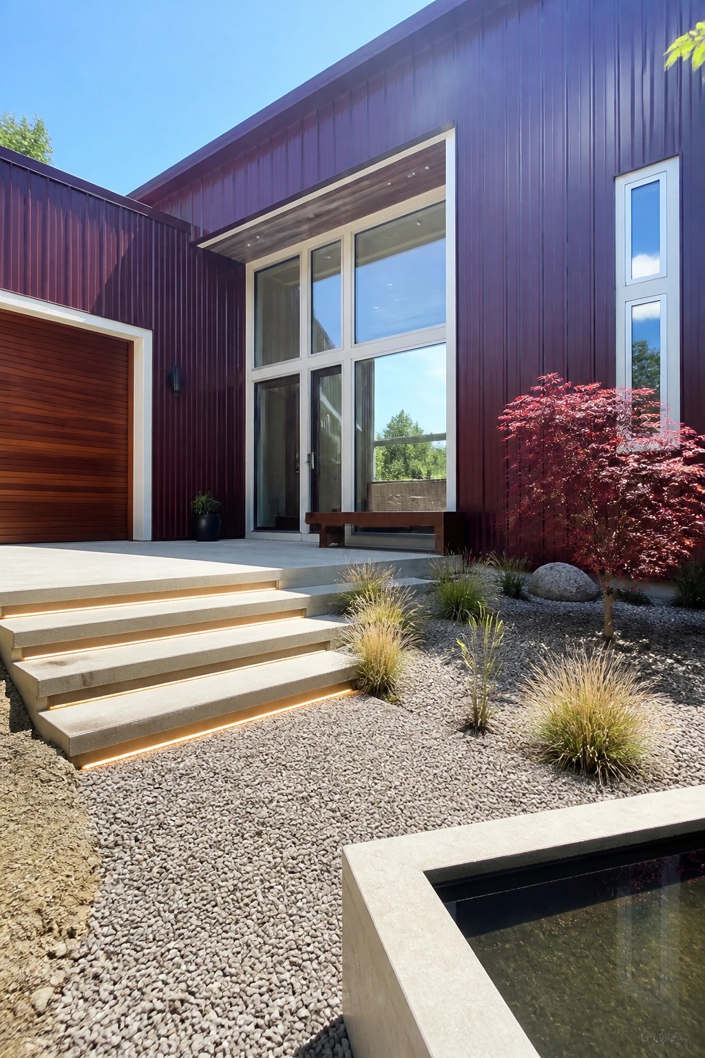 Modern house exterior with deep burgundy metal siding, white window and door trim, concrete steps, and gravel landscaping.