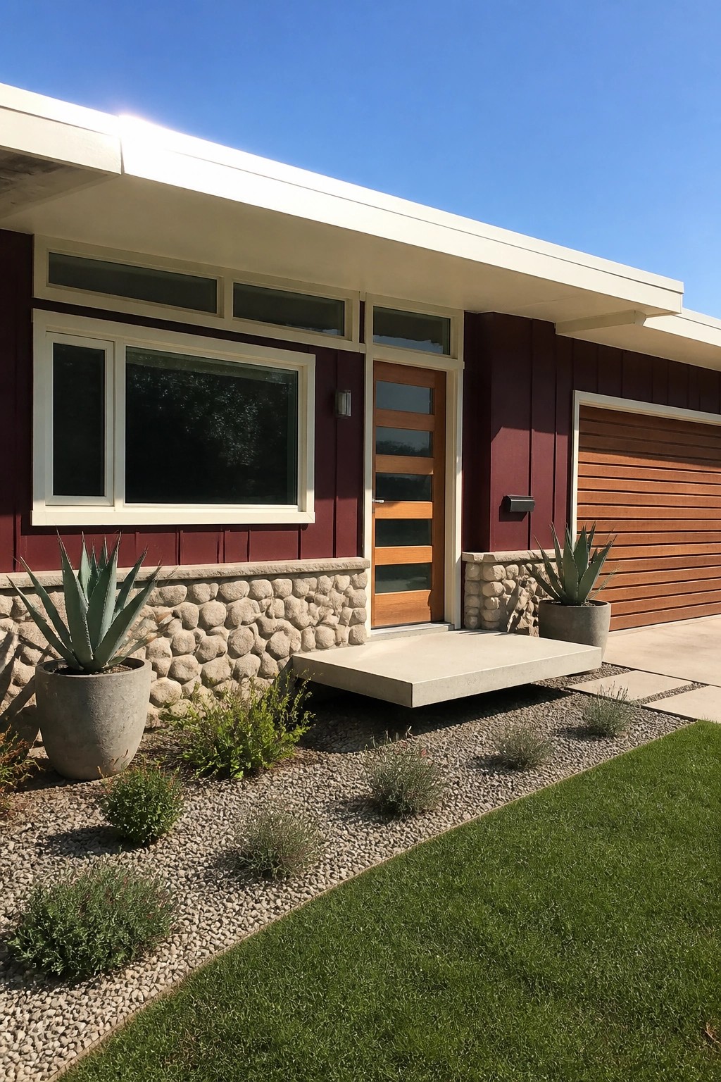 Modern maroon house with wooden door, window, stone base, and potted succulents.