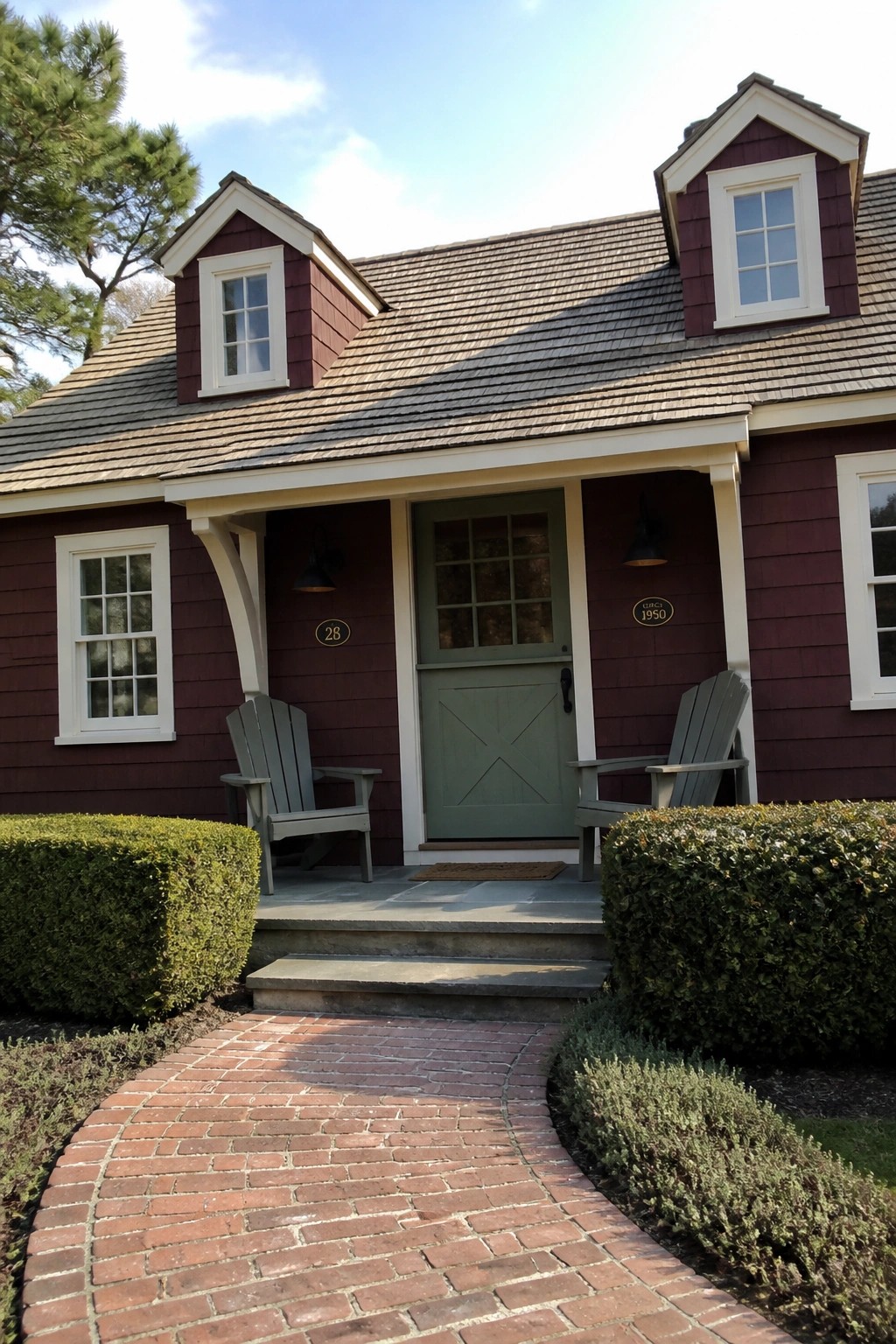 Maroon house with green door, gray Adirondack chairs on porch, brick walkway