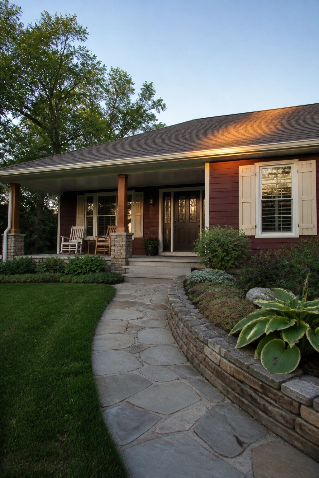 Red house with curved stone walkway, porch rocking chairs, and garden landscaping.