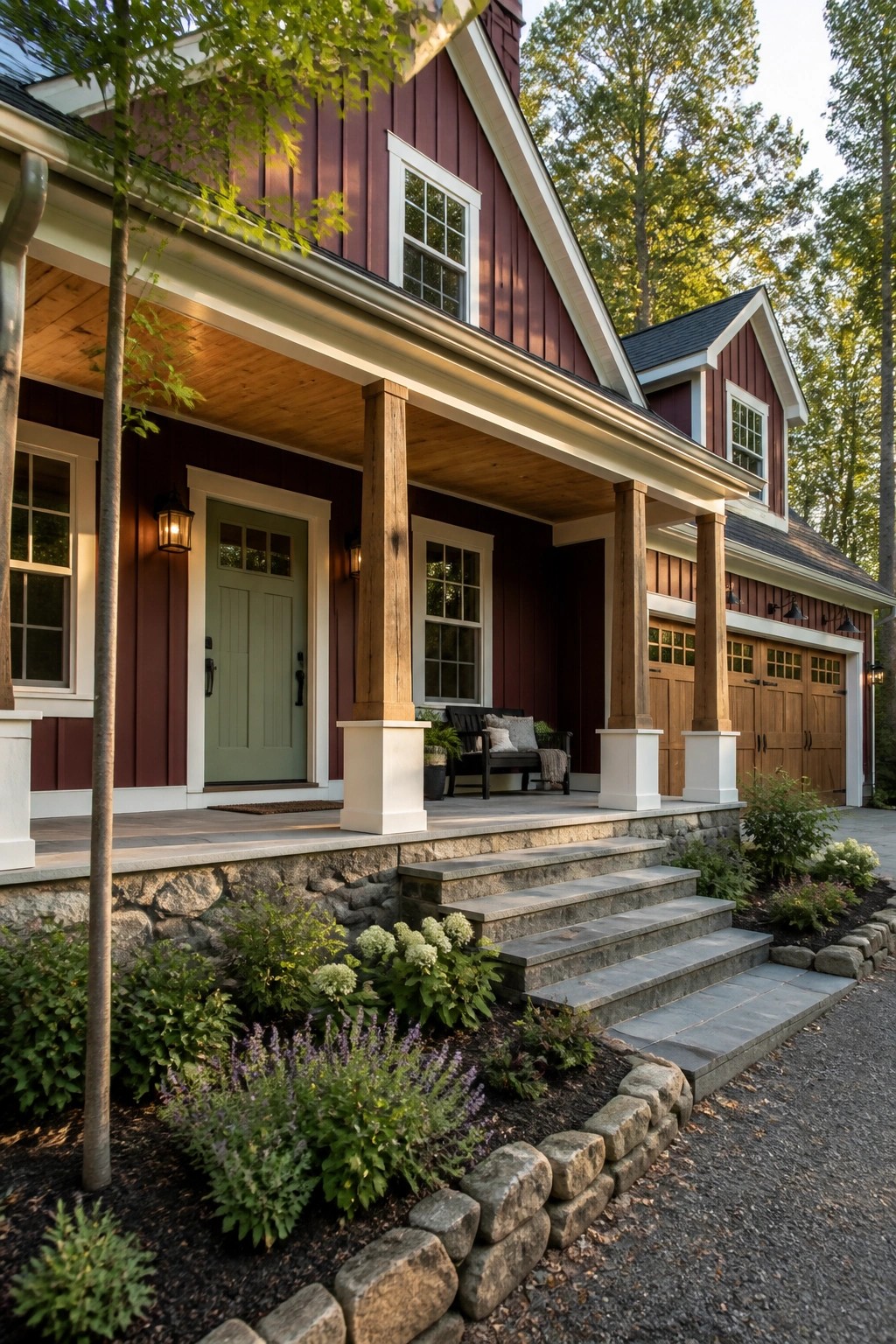 Red wooden house with porch, stone steps, green door, and flowering garden