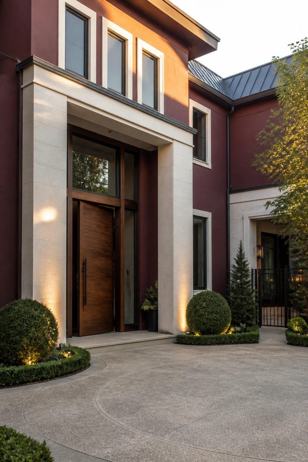 A two-story burgundy house with white stone trim framing a tall wooden entry door, flanked by rounded shrubs and a concrete driveway.