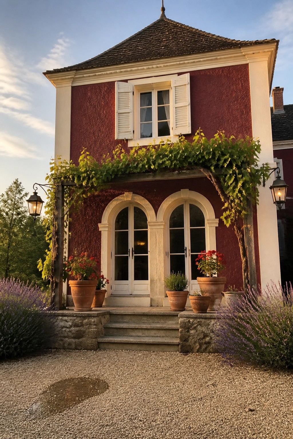A two-story house with deep burgundy walls, white trim around the windows and arched doors, stone steps, and potted plants at the entrance.