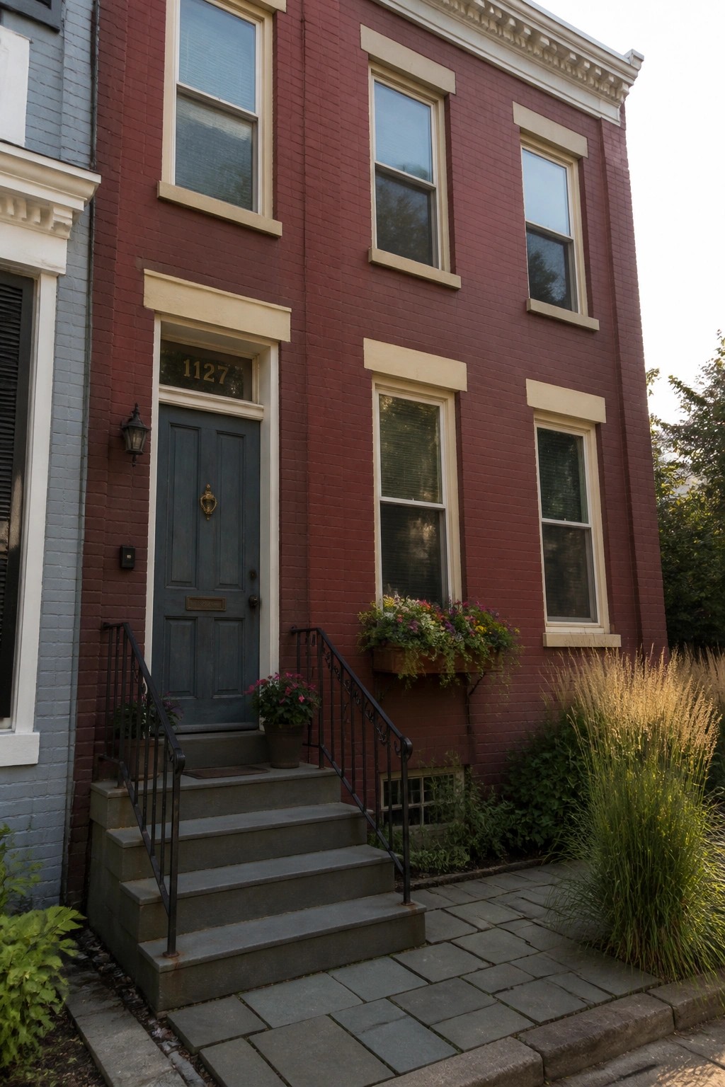 A three-story burgundy brick house with cream trim around the windows and door, a blue front door, concrete steps with black railings, and potted flowers on the landing.