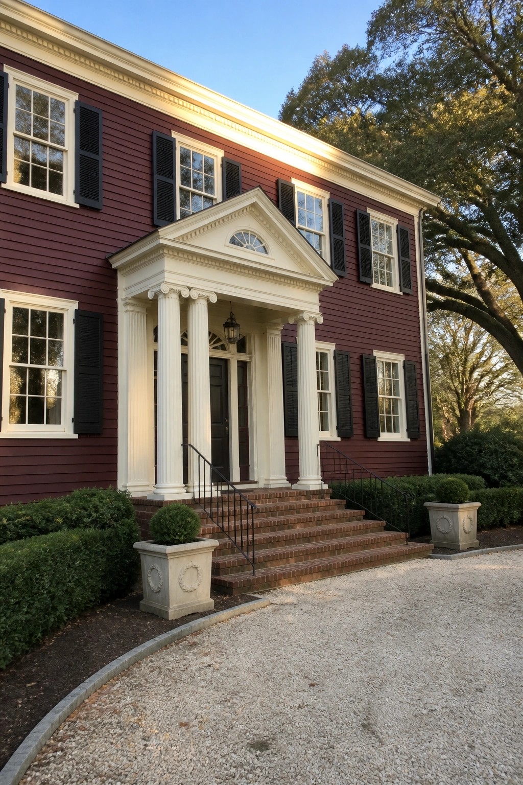 Red two-story house with white columned portico, black shutters, brick steps, and gravel drive.