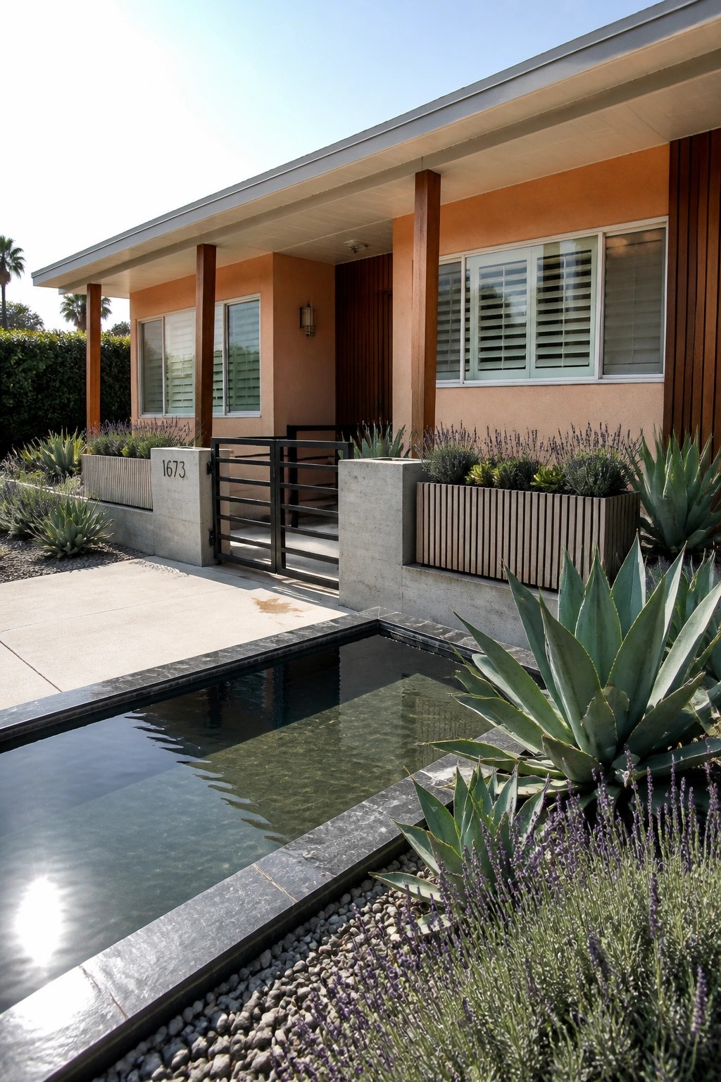 A single-story peach stucco house with white shutters, wood posts, a black metal gate, and a front reflecting pool surrounded by agave and lavender plants.