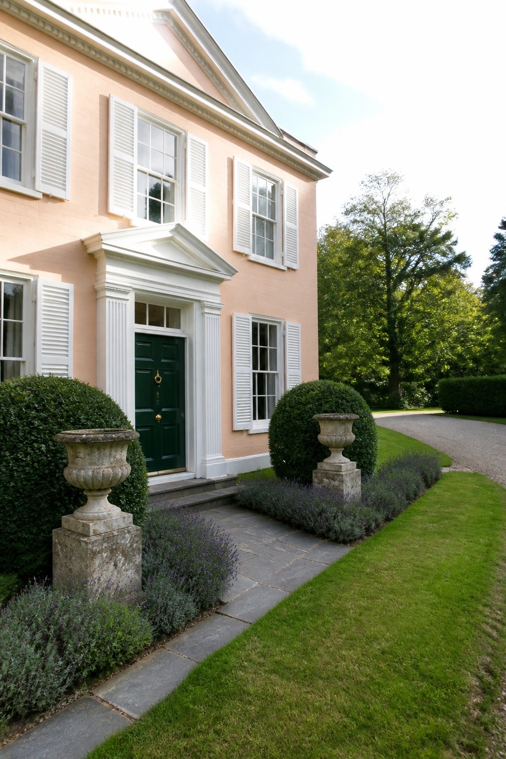 Peach-colored house with green door, white shutters, stone urns, and lavender beds
