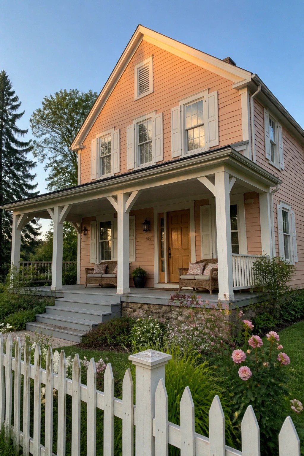A two-story peach house with white shutters, a covered porch, and stone foundation steps leading to the front door.