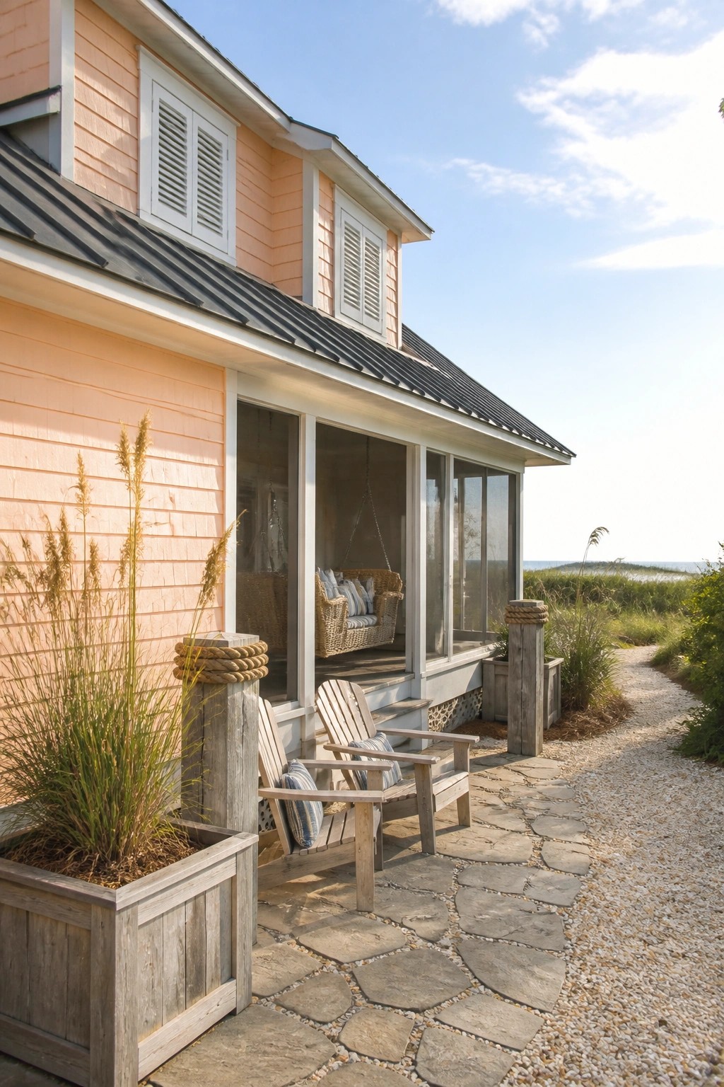 A peach house exterior with white shutters, a screened porch, wooden chairs on a stone path, and coastal landscaping.