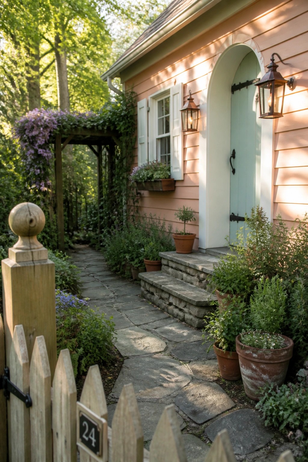 A peach-colored house with white shutters, a light blue arched door, stone steps, and a garden path bordered by potted plants and a wooden picket fence.