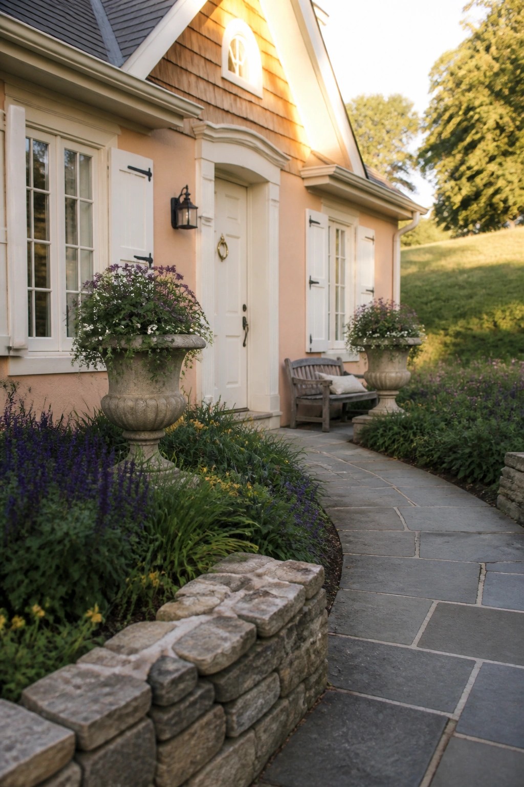 Peach house entrance with white door, floral urns, and curving stone pathway