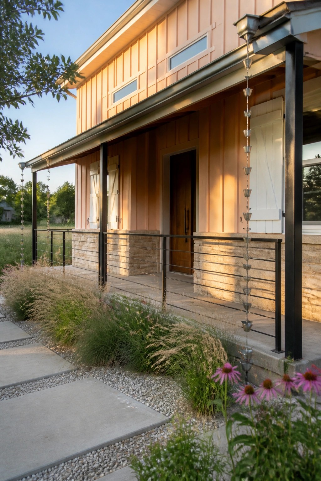 A peach house exterior with white shutters on the windows, a wooden front door, stone foundation, and a covered porch with black metal railings.
