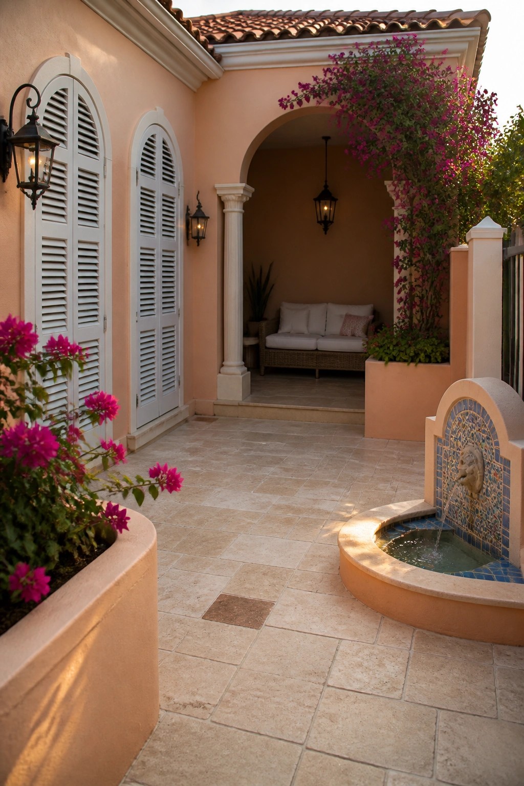 A peach stucco house exterior with white arched shutters, a stone fountain, and flowering vines near an open courtyard.
