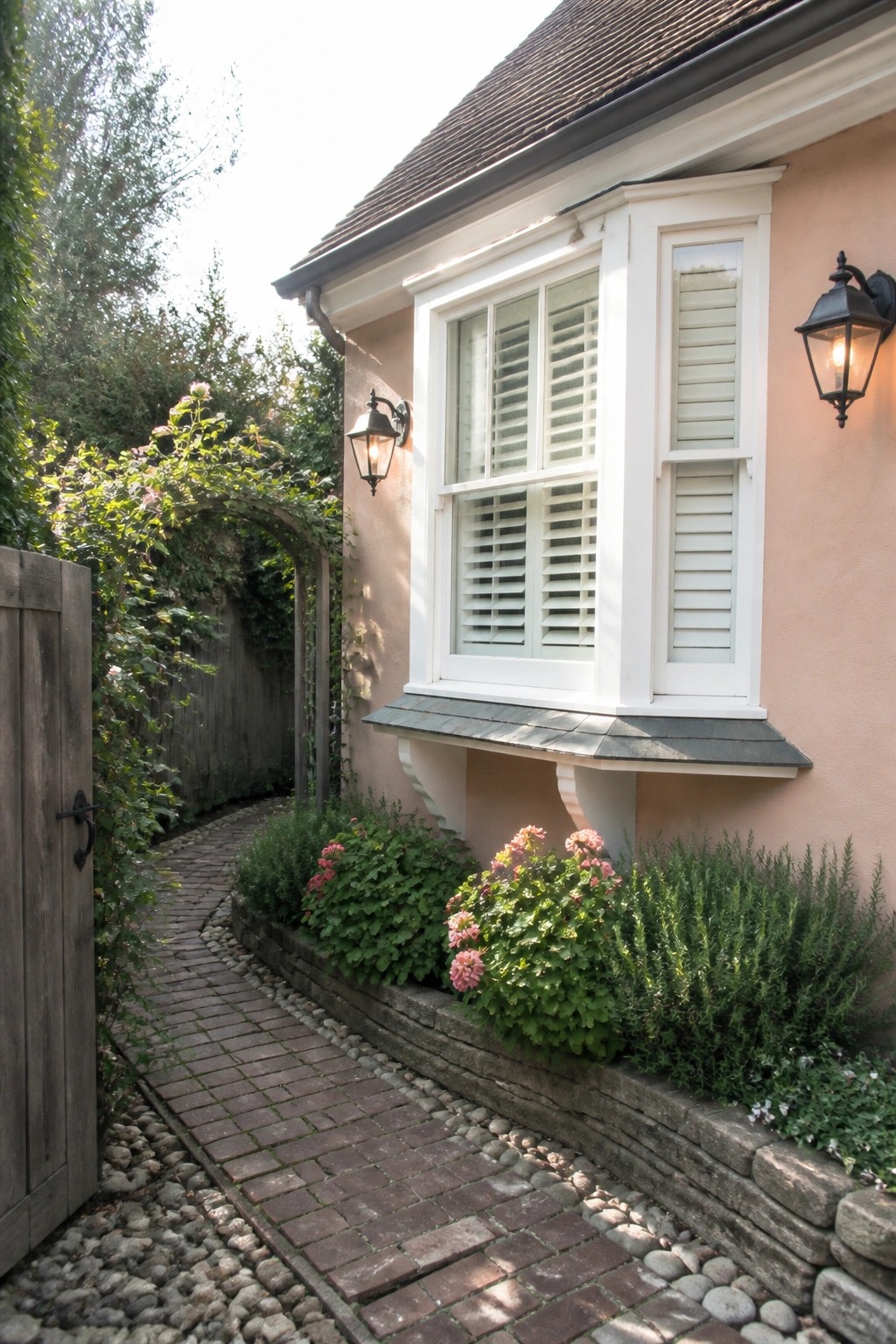 Peach stucco house exterior with white shutters on a bay window, two black wall lanterns, and a brick path beside low garden beds.