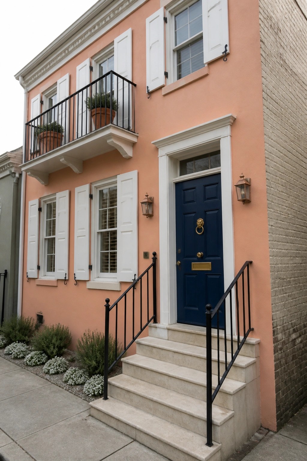 A two-story peach stucco house with white shutters, a navy blue front door, black metal railings on the steps, and small balconies with potted plants.
