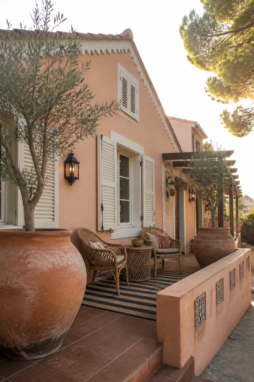 A peach-colored house with white shutters, a striped rug, wicker chairs on the patio, and large terracotta pots in the foreground.