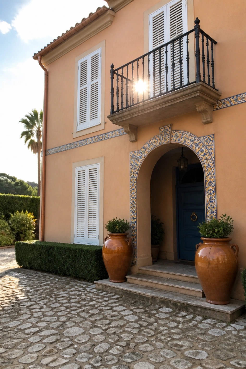 Peach stucco villa with blue door, tiled archway, balcony, and large terracotta pots.