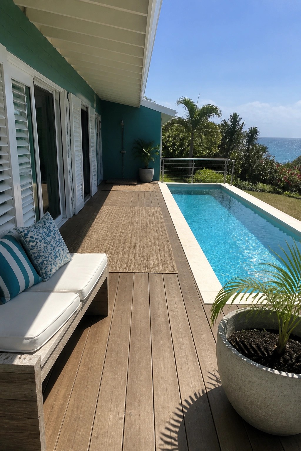 A long wooden deck runs beside a rectangular pool next to a teal house with white shutters, with a bench on the left and a large planter on the right.