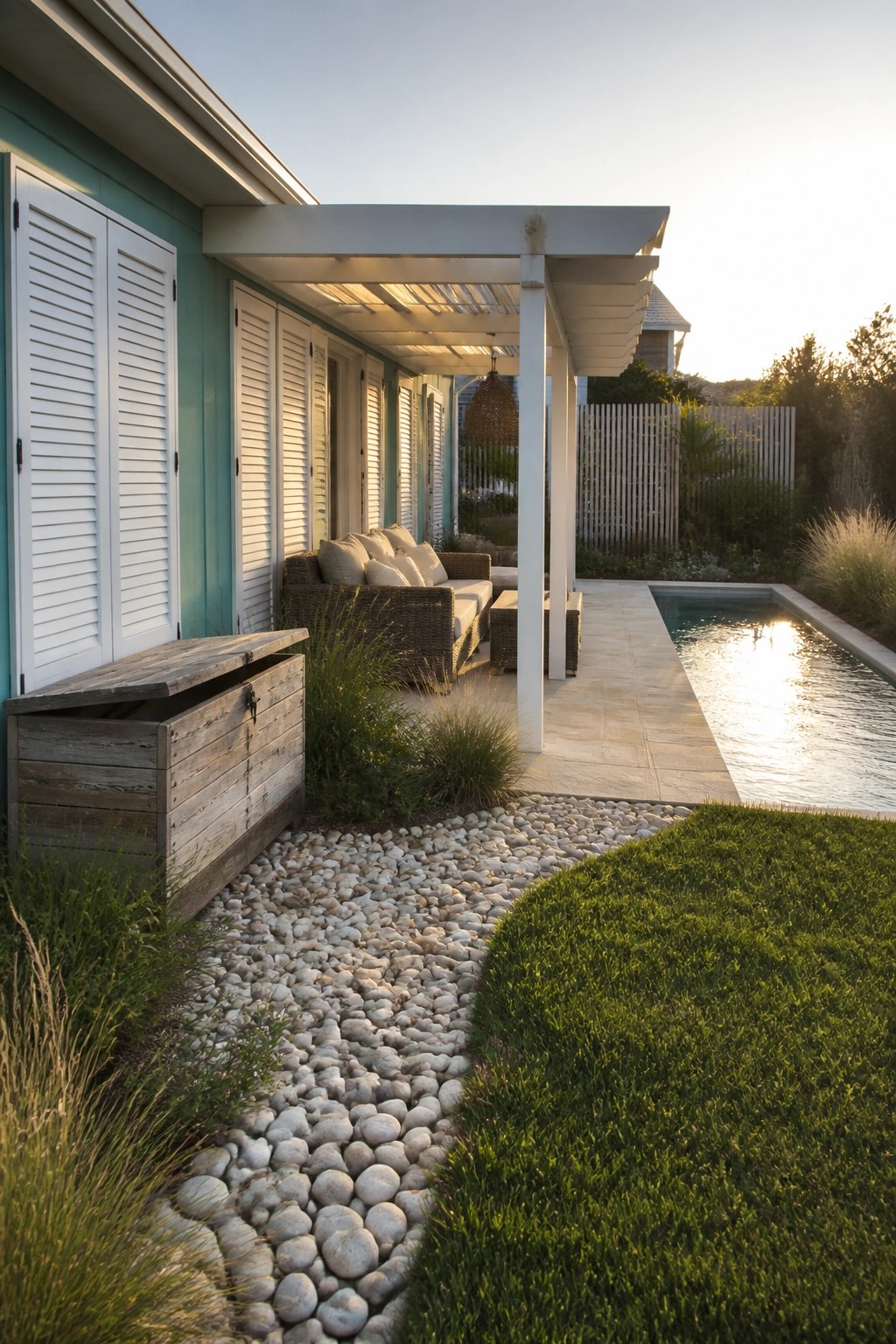 Teal house porch with wicker sofa, pebble path, and pool at sunset.