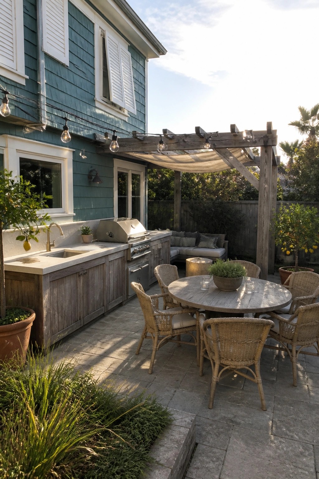 A teal house with white shutters features a wooden pergola over a stone patio with a round dining table, wicker chairs, an outdoor kitchen, and a built-in seating area.