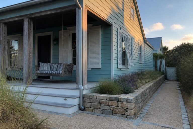 A teal beach house with white shutters, a wooden porch holding a hanging swing, stone steps, and a raised stone garden bed next to a gravel path.