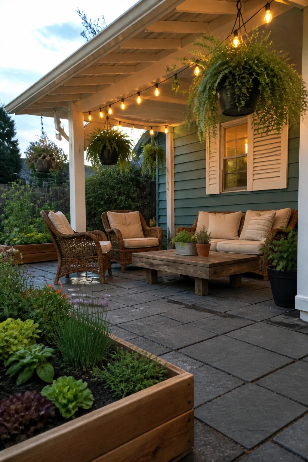 Cozy stone patio with wicker furniture, wooden table, string lights, and hanging plants.