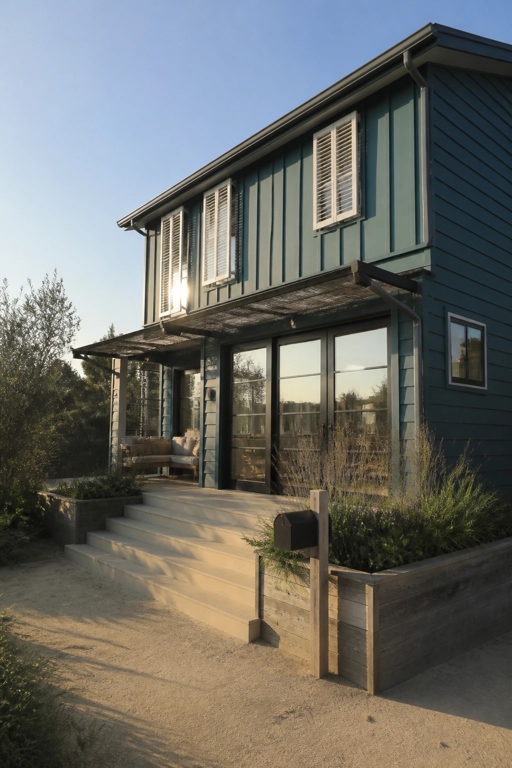 A two-story teal house with white shutters, glass doors on the ground floor, and concrete steps leading to a covered entry.